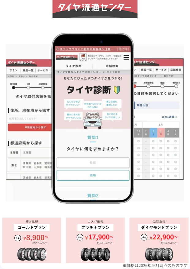 タイヤ流通センターの予約サイト画面と、ゴールドプラン（税込9,790円〜）・プラチナプラン（税込19,690円〜）・ダイヤモンドプラン（税込25,190円〜）の3プラン。※価格は2026年9月時点のものです