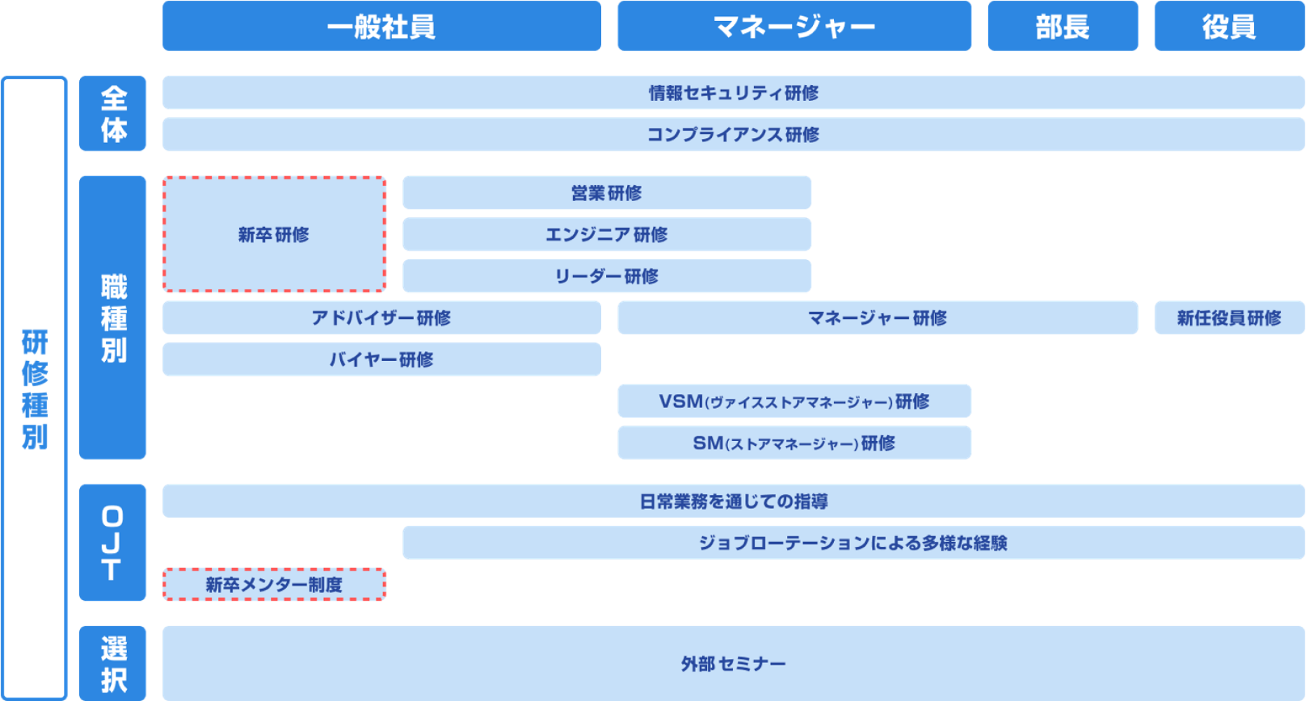 研修体系図。一般社員・マネージャー・部長・役員の階層ごとに、全体（情報セキュリティ研修・コンプライアンス研修）、職種別（新卒研修・営業研修・エンジニア研修・リーダー研修・アドバイザー研修・バイヤー研修・マネージャー研修・新任役員研修・VSM研修・SM研修）、OJT（日常業務を通じての指導・ジョブローテーションによる多様な経験・新卒メンター制度）、選択（外部セミナー）の研修がある。